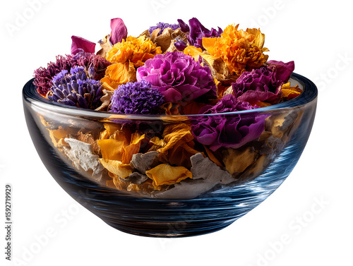 Fragrant potpourri bowl with dried flowers isolated on transparent background