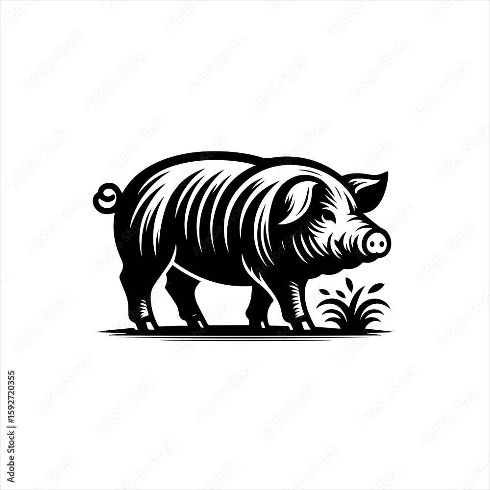 A pig stands isolated on white background in a vintage illustration A pig stands isolated on white background in a vintage illustration