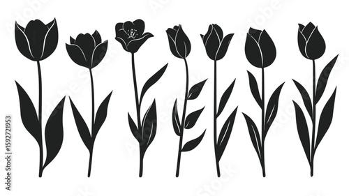 Elegant Black Tulip Flower Silhouettes - Professional Floral Design Elements