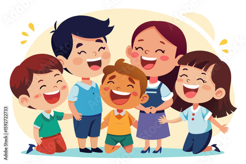 Kids laugh together at a teacher's joke — pure moment of shared joy