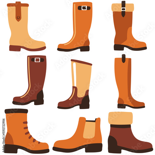 Various styles of colorful boots in flat design illustrations  