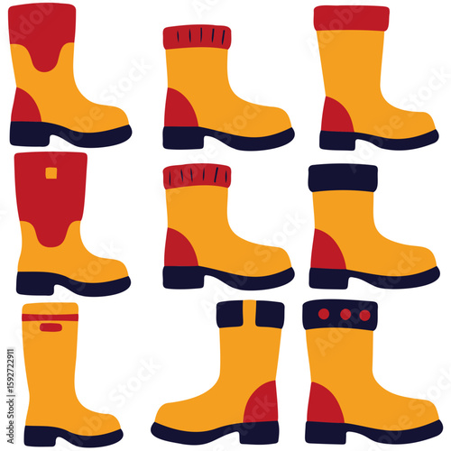 Colorful rubber boots in various styles and designs  