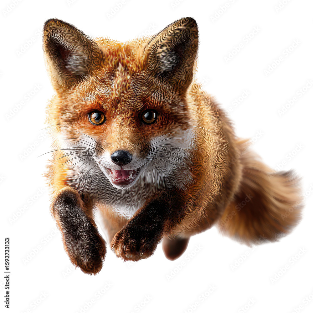Fototapeta premium Red fox leaps joyfully in a dynamic action pose against a white background during daylight