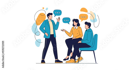 Three people engaged in animated conversation discussing ideas and sharing thoughts