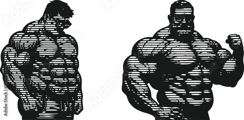  Monochrome Engraving Vector of Fat Muscular Man with Glasses in Lined Style – Retro Stamp Effect Male Portrait Bundle for Decor, Print, Canvas, Poster, Tattoo, and Graphic Projects