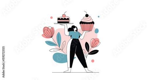 Creative illustration of a woman deciding between a delicious chocolate cake and a delightful cupcake with frosting