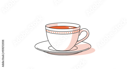 A delicate ceramic cup filled with warm amber tea rests on its matching saucer with subtle shadow play