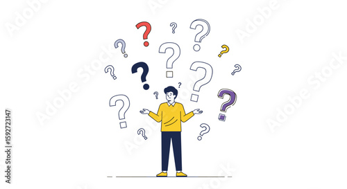 Person surrounded by many question marks seeking answers and solutions for life's challenges