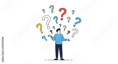 Person surrounded by many colorful question marks seeking answers and solutions