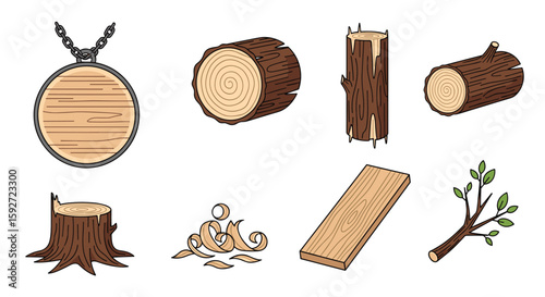 Collection of forest woodland timber lumber and natural wood elements for design projects