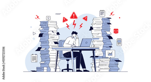 Overwhelmed employee stressed by excessive workload and many paperwork tasks