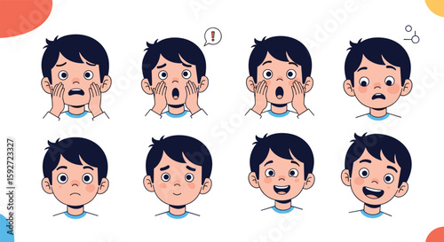 Illustrations of a young boy expressing various emotions and feelings through facial expressions