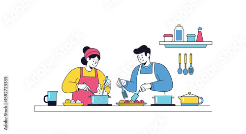 Couple cooking together enjoying meal preparation in kitchen
