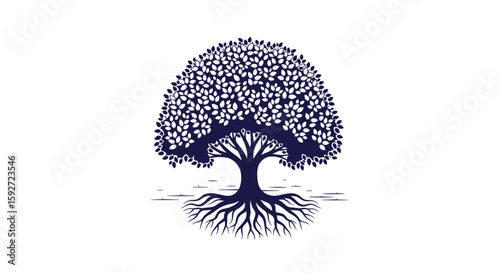 A beautifully rendered illustration of an ancient oak tree with extensive root systems and lush canopy