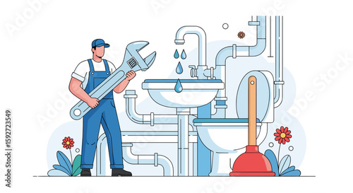 Professional plumber fixing sink pipes and fixtures with tools and equipment illustration