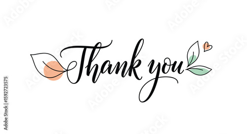 Elegant hand drawn typography thank you design with botanical elements and heart accent