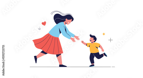 A mother happily embraces her son as he runs towards her with outstretched arms