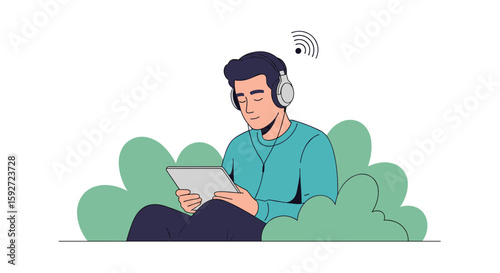 Man enjoying music and tablet outdoors surrounded by nature lush greenery and digital sound waves