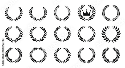 Collection of decorative laurel wreaths and a crown emblem for awards recognition and celebration