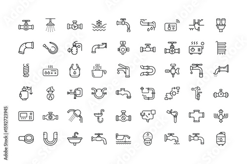 Plumbing and Water Related Icons Set in Outline Style on White Background