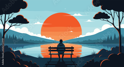 A solitary figure gazes at a vibrant orange sunset reflecting on a tranquil lake surrounded by pine trees and distant hills
