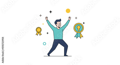 Celebrating achievement with joyful victorious man surrounded by awards and symbols of success