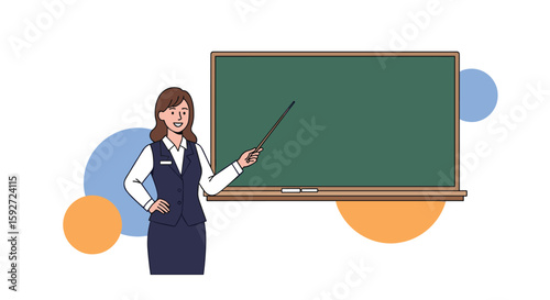 Engaging teacher presenting information with a pointer at a green chalkboard