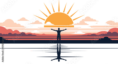 A person celebrates the majestic sunrise over a calm body of water