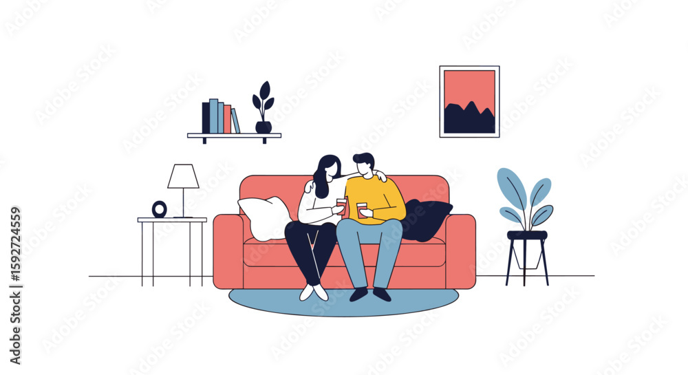 Obraz premium Cozy couple enjoying relaxing time together on sofa with devices indoors