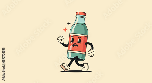Vintage cartoon bottle character walking and waving with sparkle effect