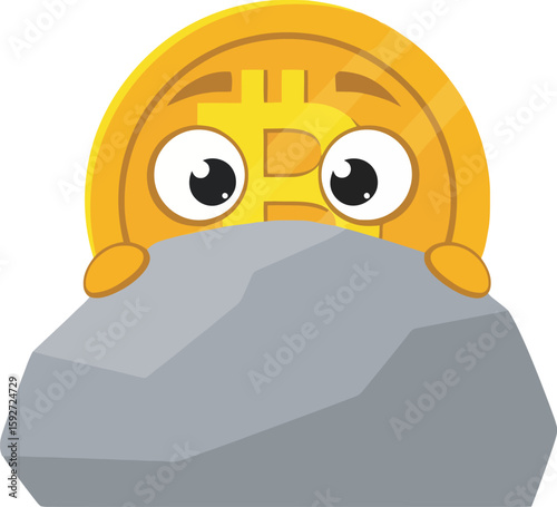 Cartoon bitcoin character peeking over a gray rock with wide eyes, looking curious.