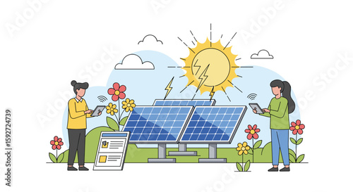 Two people using mobile devices to manage solar energy panels and a battery system under a bright sunny sky with flowers and green grass