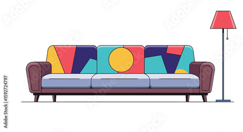 Modern abstract pattern couch design with contemporary floor lamp and living room decor
