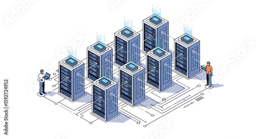 Modern data center infrastructure with technicians managing server racks and network connectivity
