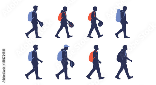 Animated silhouette of a person carrying a backpack walking in different poses
