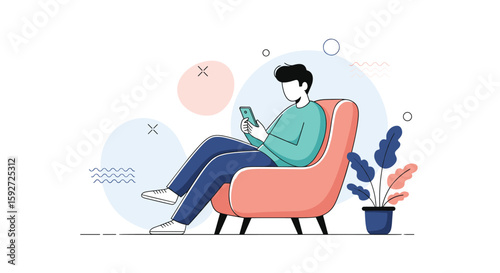 Man using smartphone while relaxing in armchair engaging with digital content and online communication