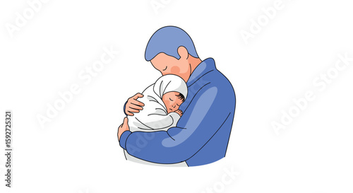 Caring father gently cradles his newborn baby close for affectionate snuggles