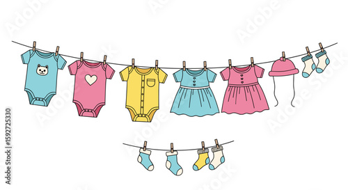 Adorable baby clothes hung on a clothesline in colorful designs and patterns