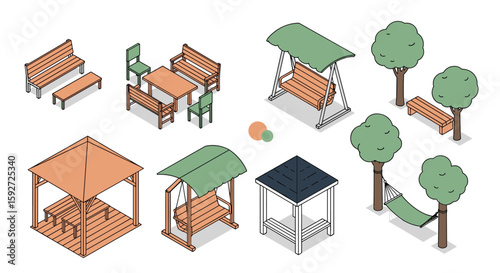 Outdoor wooden garden furniture collection for relaxing park leisure and family recreation