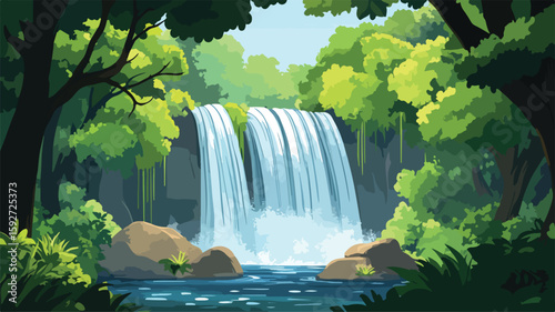 Tranquil Lush Green Forest Waterfall Scene - Nature's Beauty