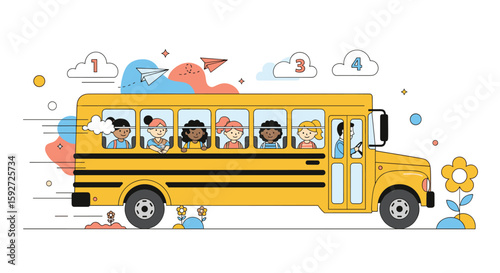 A yellow school bus carries diverse children to educational destinations on a sunny day