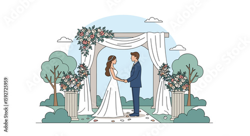 A happy couple exchanges vows under a beautiful floral archway during a romantic outdoor wedding ceremony