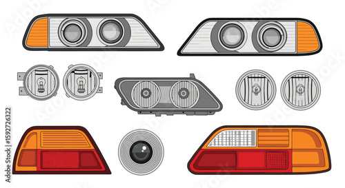 Automotive lighting components headlights tail lights and light elements detailed views
