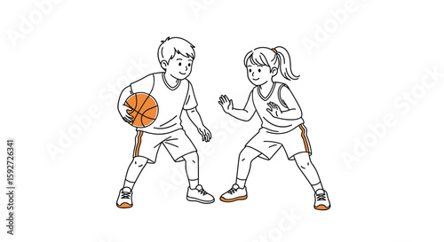 Children learning basketball dribbling and defensive stance during practice session