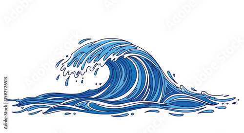 Powerful blue ocean wave crashing with white foam on a sunny day