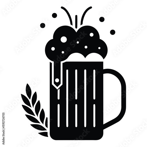 Tall beer mug with overflowing foam and barley vector