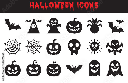 Halloween icons bats pumpkins ghosts spiders skulls