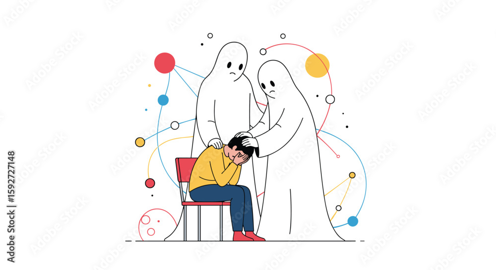Obraz premium Mental health support concept with person experiencing anxiety and ghosts offering comfort