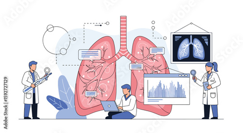 Medical professionals analyzing lungs and medical data for respiratory health research