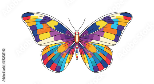 Vibrant geometric butterfly wings with intricate patterns and colors on white background